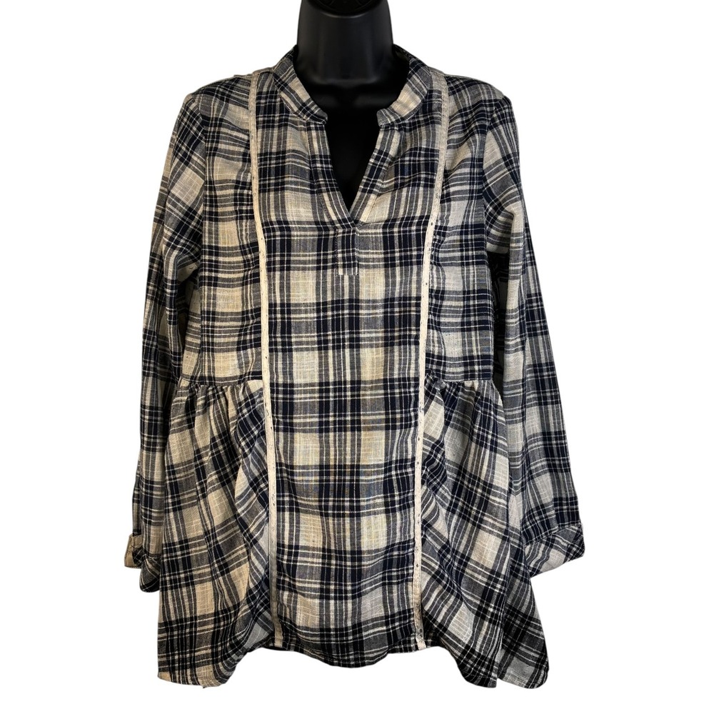 Altard State Womens Blouse Black Sz M Plaid Tunic Long Sleeve Cuff V Neck Cotton